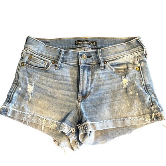 Abercrombie & Fitch A&F Light Wash Bleach Spots Cut Off Stretch Jean Shorts 2 - Picture 2 of 8